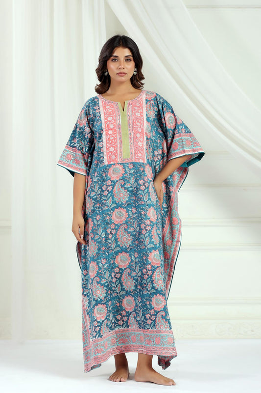 Blue Handblock Floral Kaftan