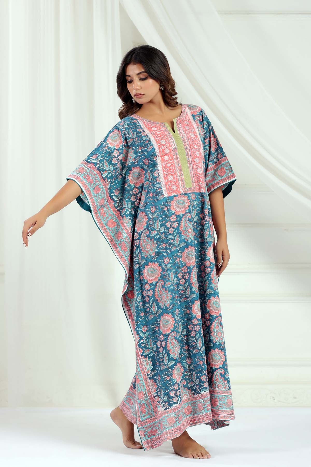 Blue Handblock Floral Kaftan
