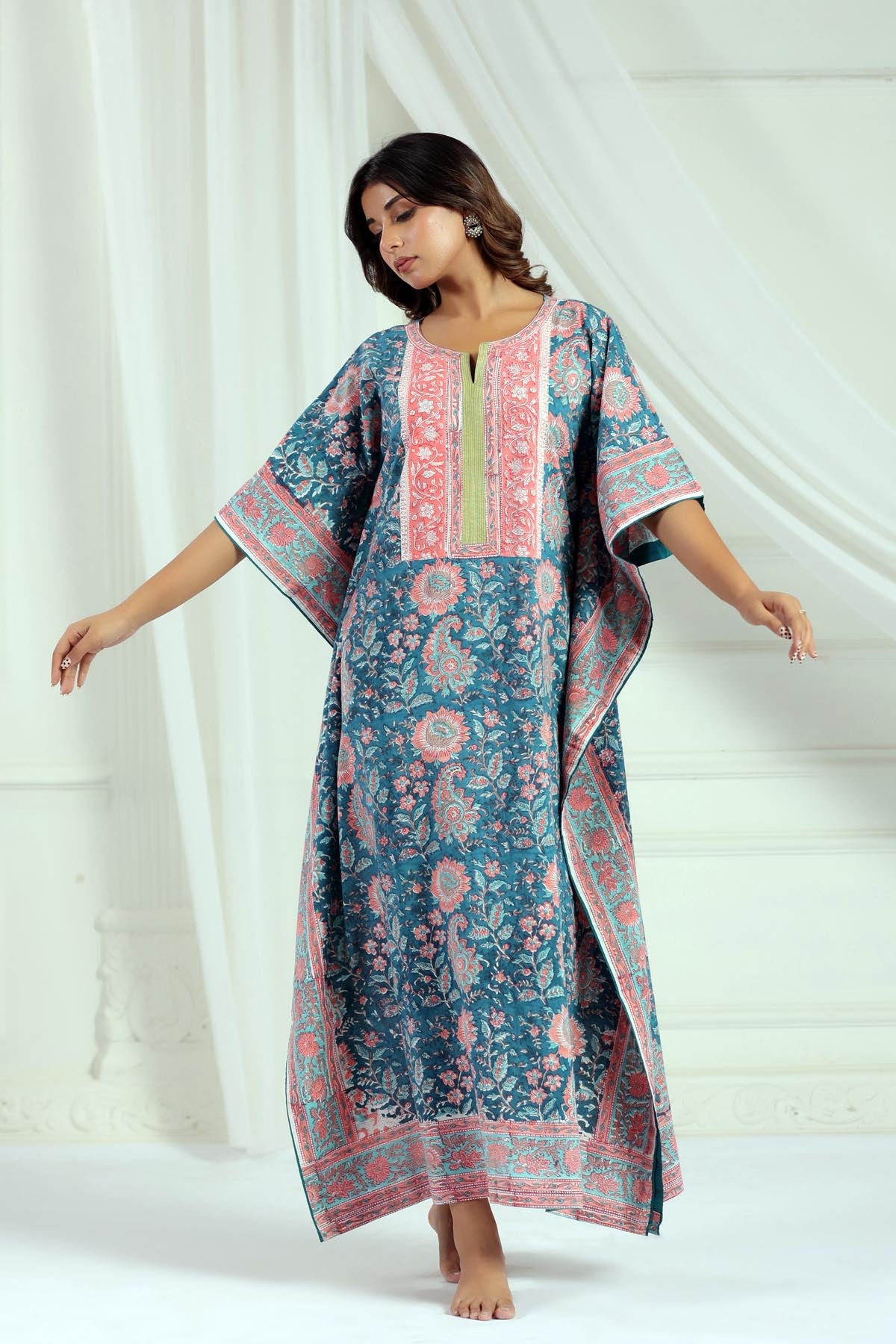 Blue Handblock Floral Kaftan