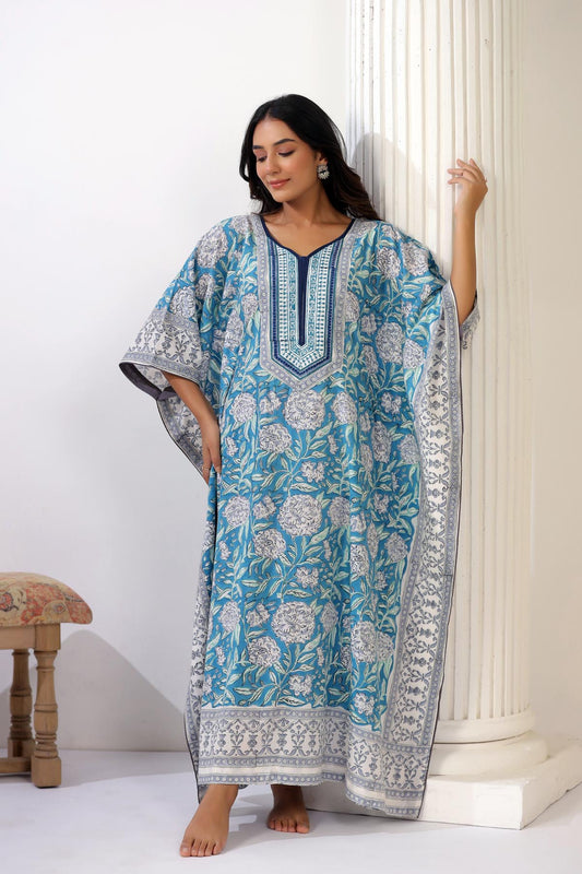 Sky Blue Handblock Floral Kaftan