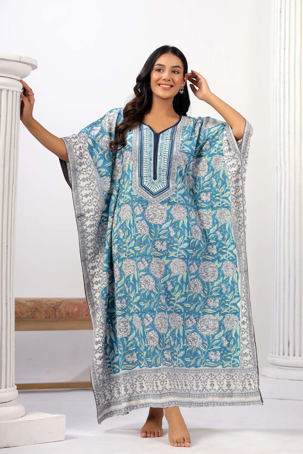 Sky Blue Handblock Floral Kaftan