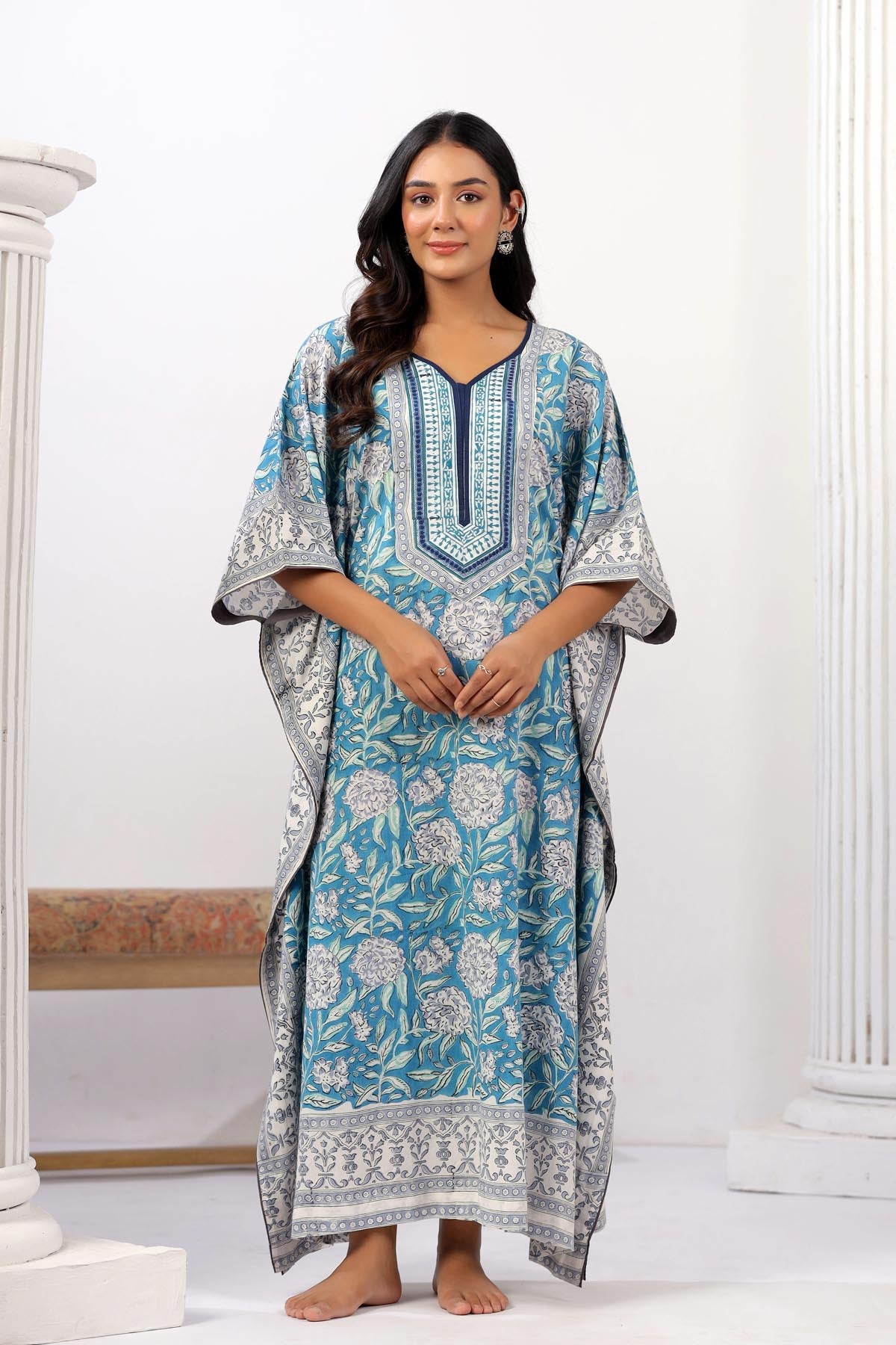 Sky Blue Handblock Floral Kaftan