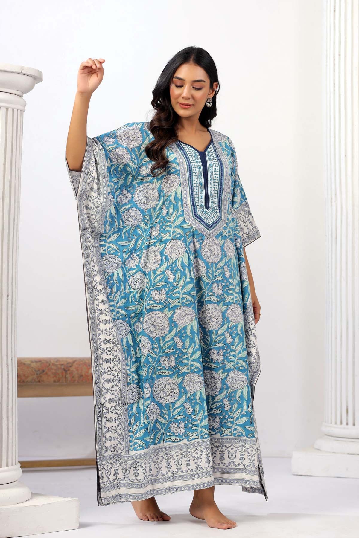 Sky Blue Handblock Floral Kaftan