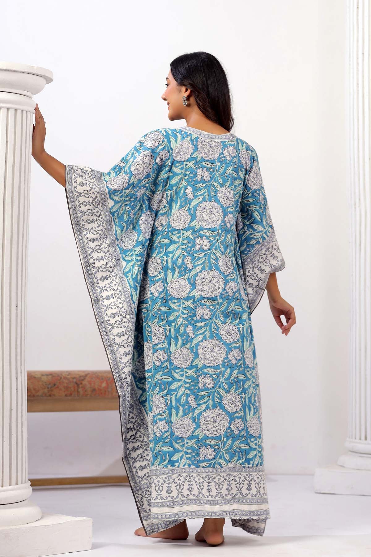 Sky Blue Handblock Floral Kaftan