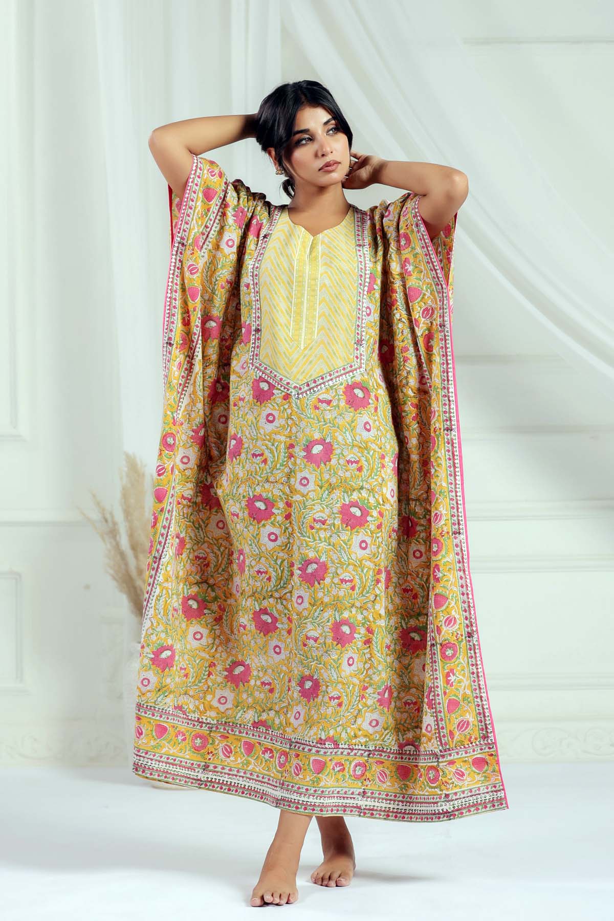 Yellow Handblock Floral Kaftan