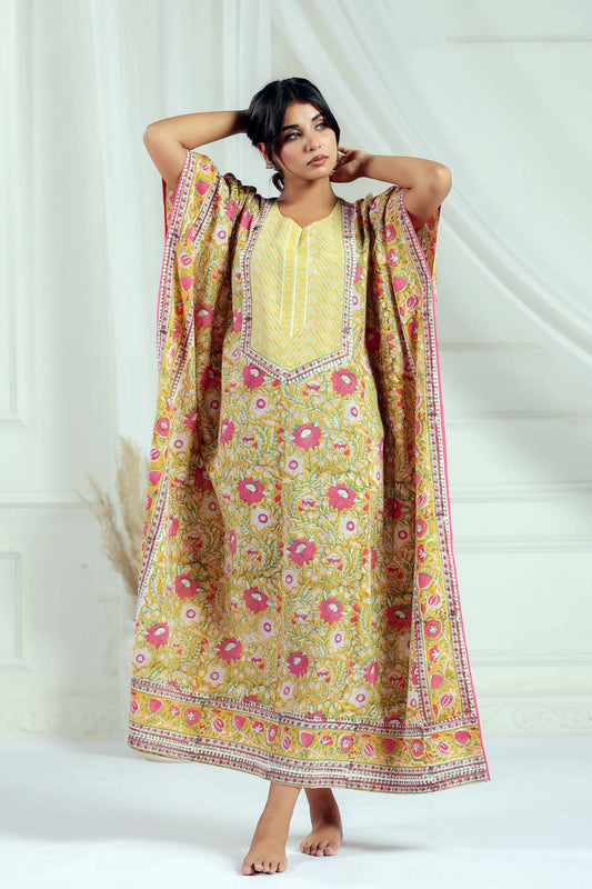 Yellow Handblock Floral Kaftan