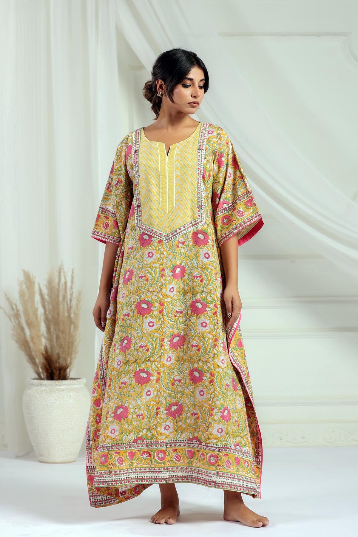 Yellow Handblock Floral Kaftan