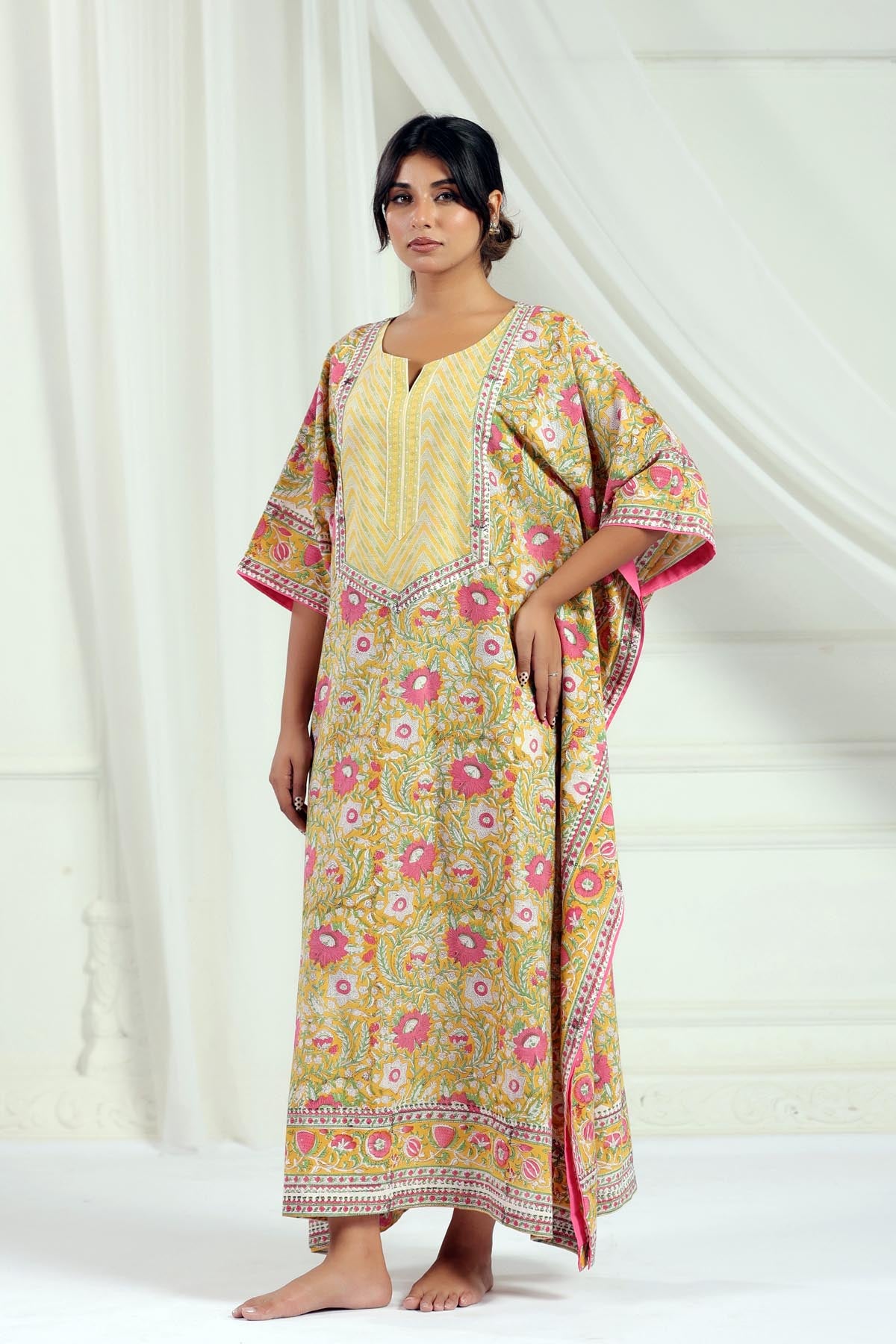 Yellow Handblock Floral Kaftan