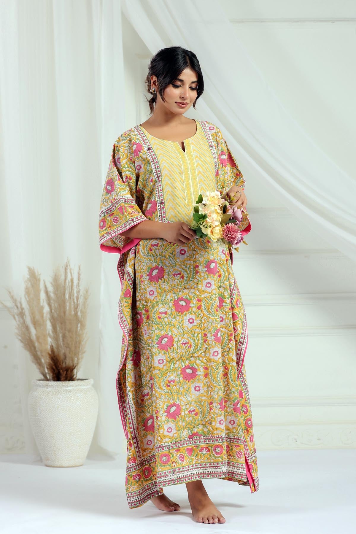 Yellow Handblock Floral Kaftan