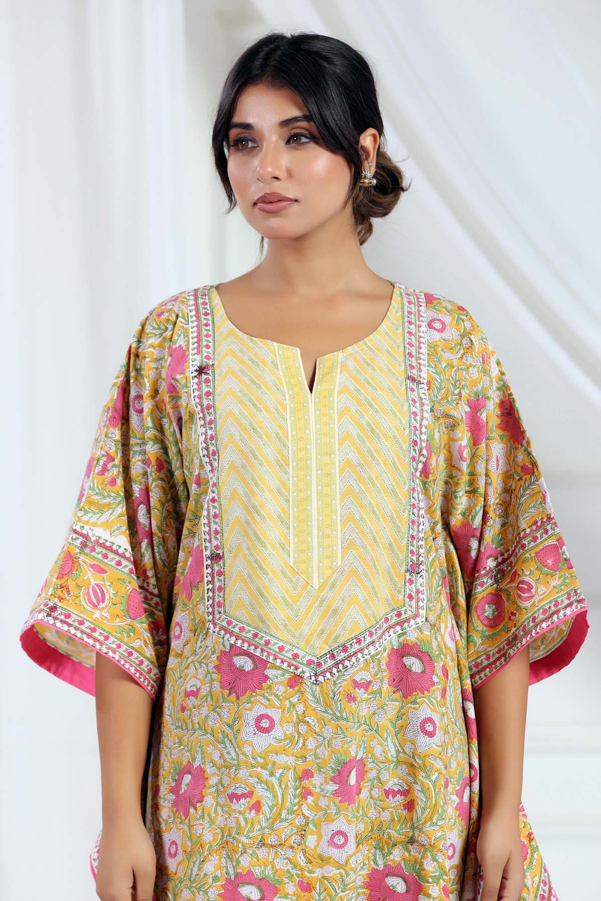 Yellow Handblock Floral Kaftan