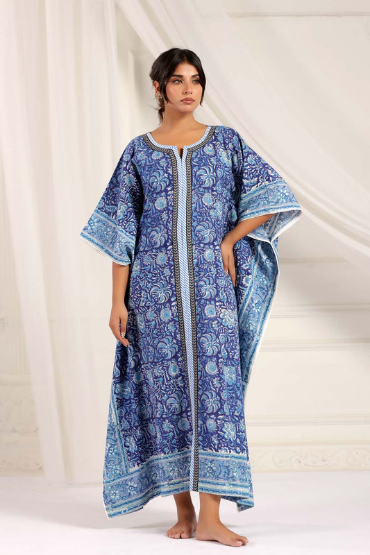 Blue Handblock Floral Kaftan