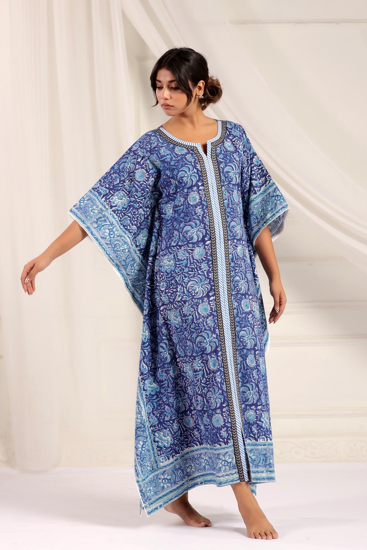 Blue Handblock Floral Kaftan