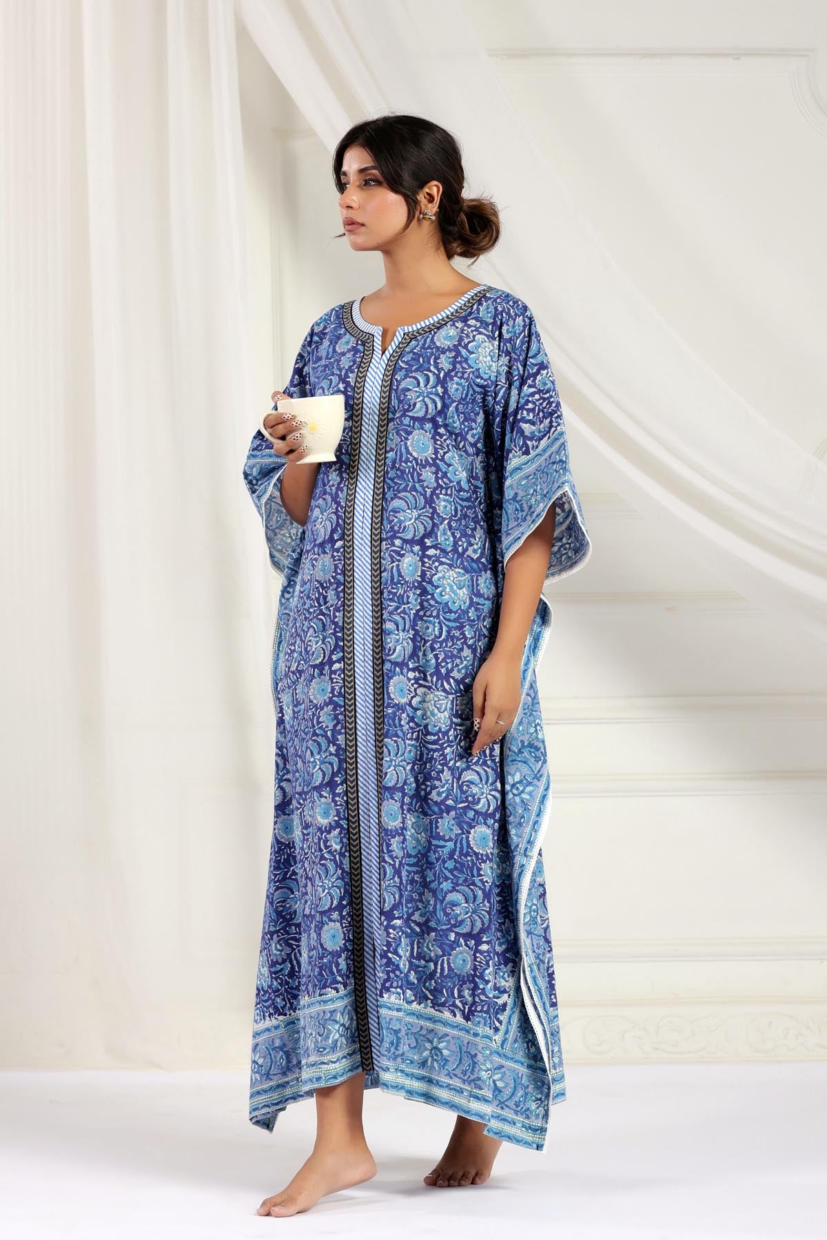 Blue Handblock Floral Kaftan