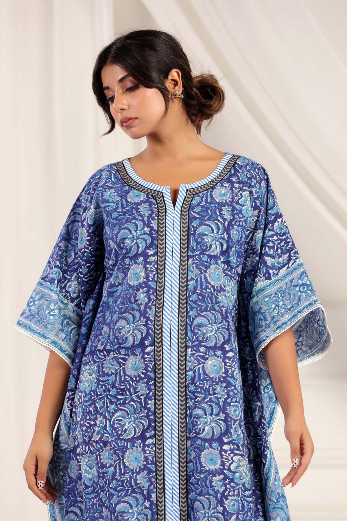 Blue Handblock Floral Kaftan