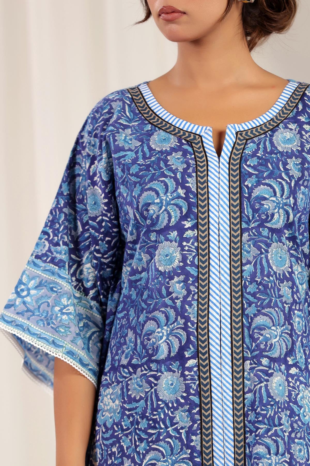 Blue Handblock Floral Kaftan