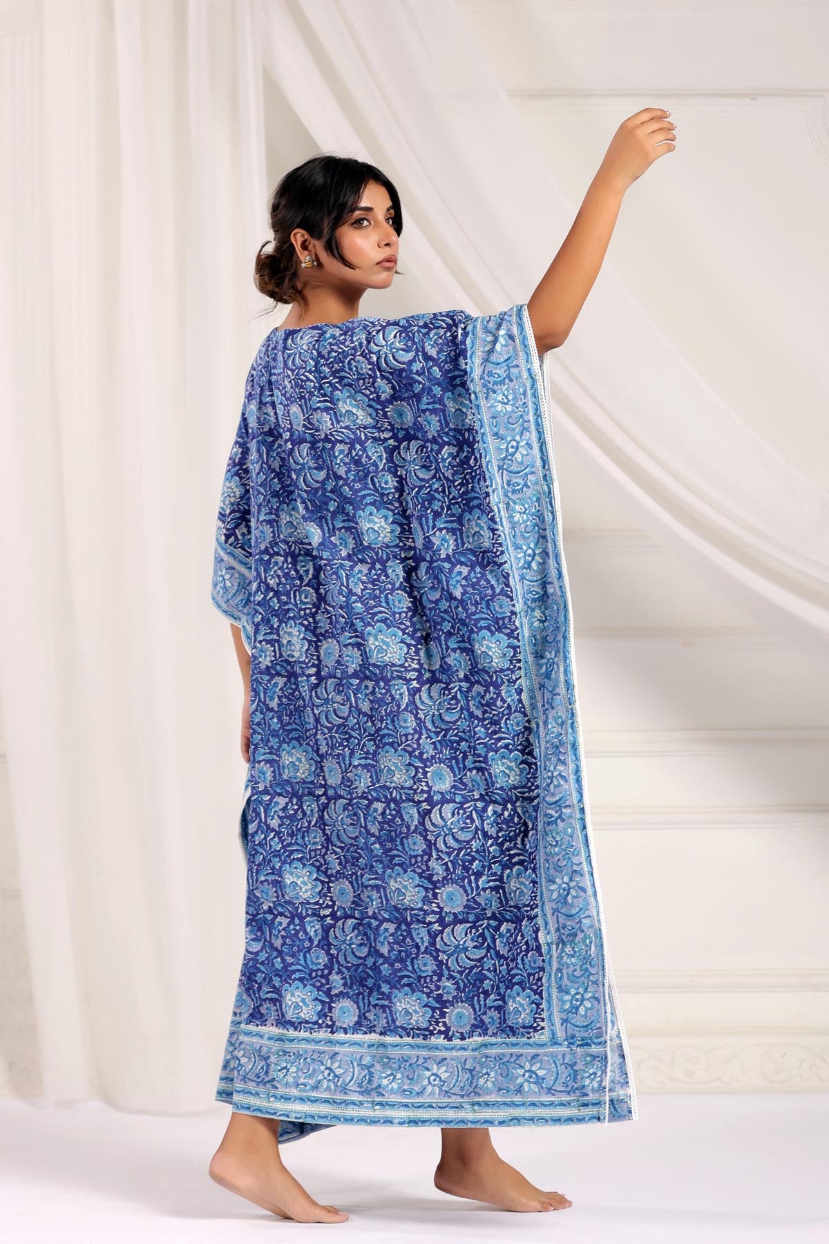 Blue Handblock Floral Kaftan