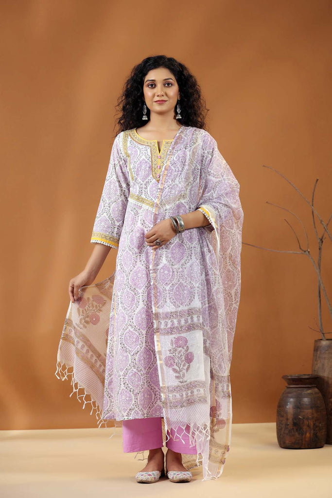 Kurta/Dupatta Set in White/Purple Hand Block Cotton