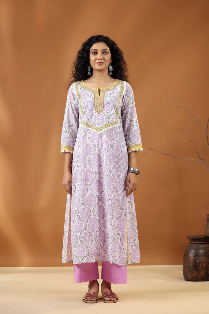 Kurta/Dupatta Set in White/Purple Hand Block Cotton