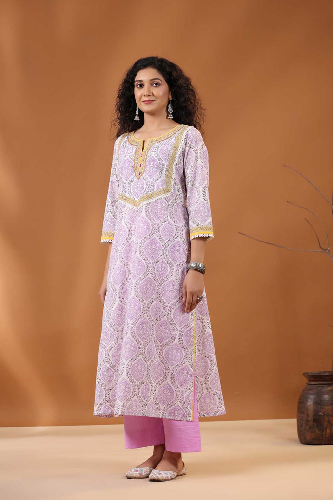 Kurta/Dupatta Set in White/Purple Hand Block Cotton