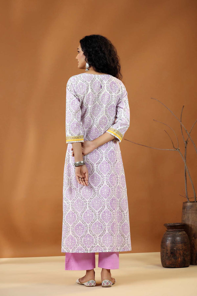 Kurta/Dupatta Set in White/Purple Hand Block Cotton