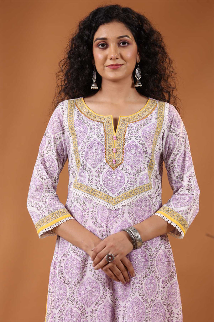 Kurta/Dupatta Set in White/Purple Hand Block Cotton