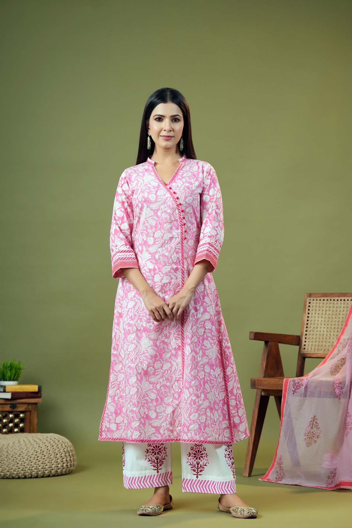 A-Line Pink/White Kurta/Pant Set In Angrakha Style