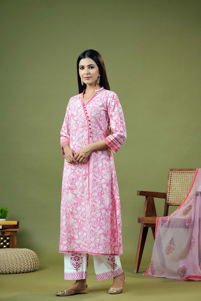 A-Line Pink/White Kurta/Pant Set In Angrakha Style