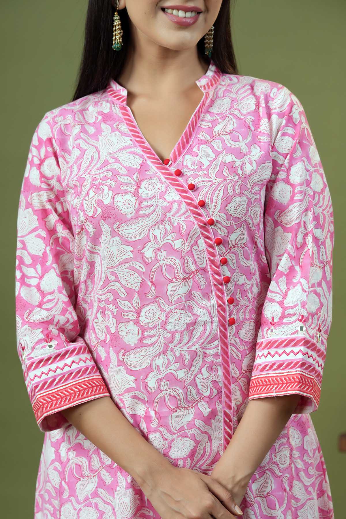 A-Line Pink/White Kurta/Pant Set In Angrakha Style