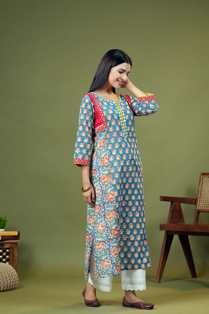 Firozi Blue Kurta/Dupatta Set In Hand Block Cotton