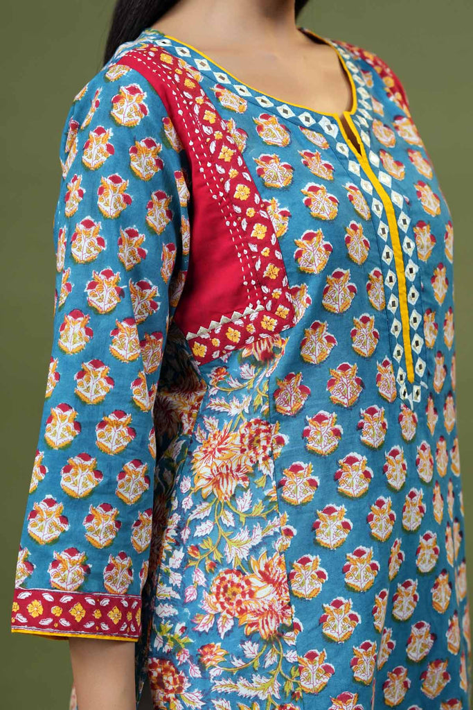 Firozi Blue Kurta In Hand Block Cotton