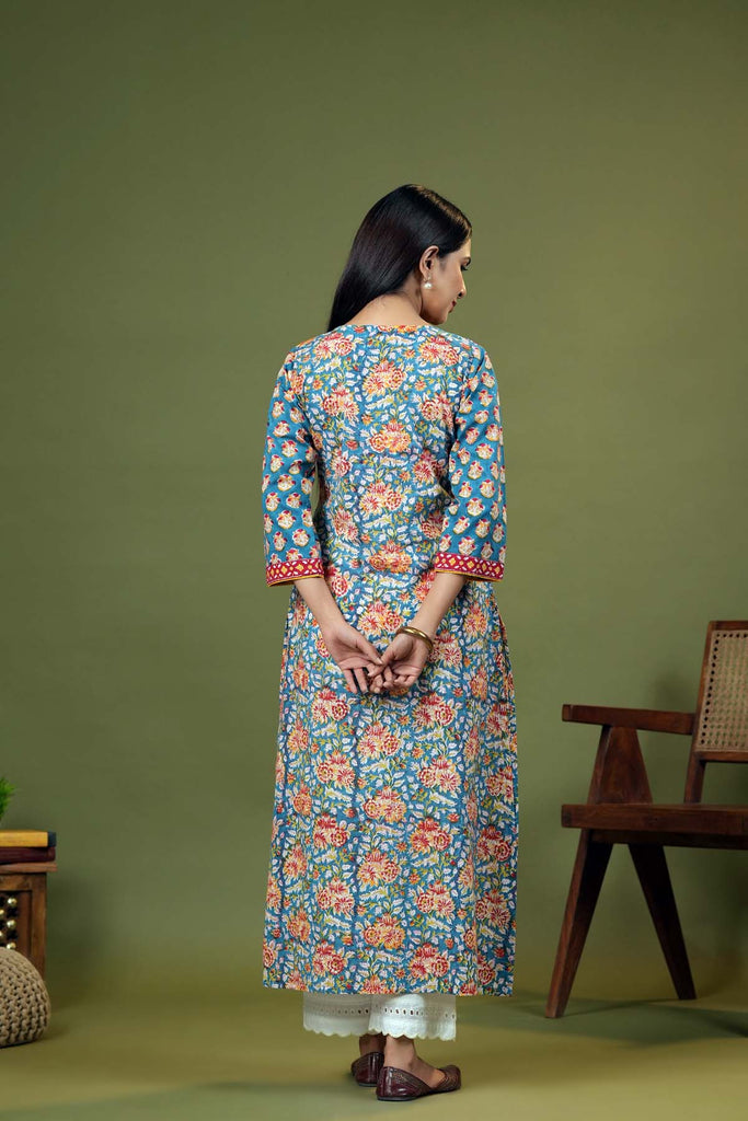 Firozi Blue Kurta In Hand Block Cotton