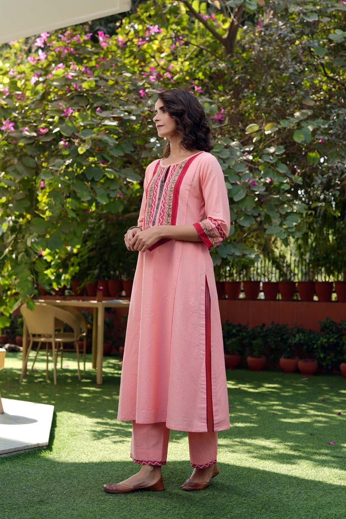 A-Line Kurta/Pant Set In peach Kantha Cotton
