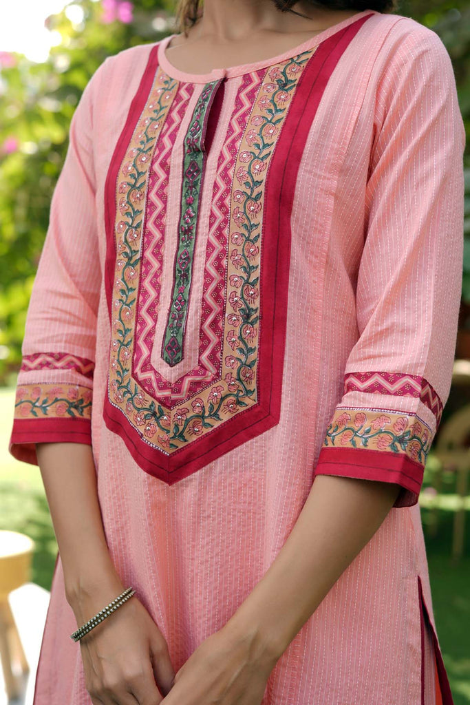 A-Line Kurta/Pant Set In peach Kantha Cotton