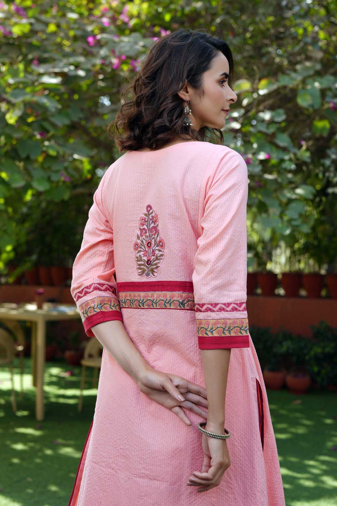A-Line Kurta/Pant Set In peach Kantha Cotton
