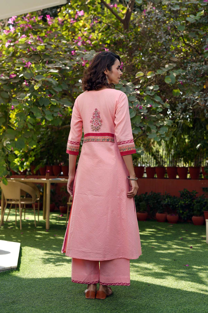 A-Line Kurta/Pant Set In peach Kantha Cotton