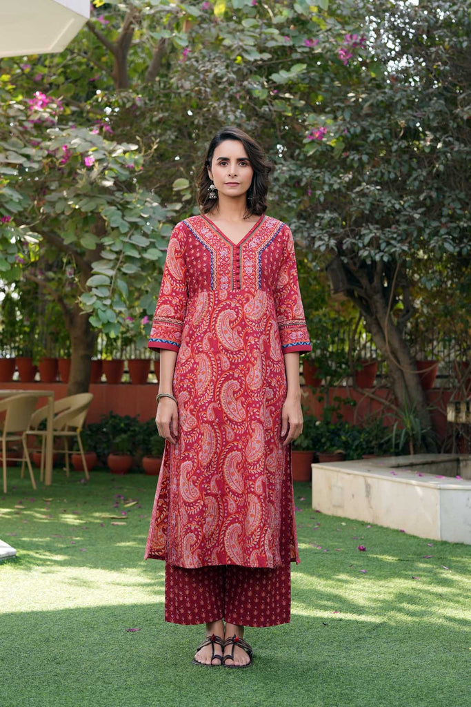 Red Kurta/Pant Set In Hand Block Printed Cotton