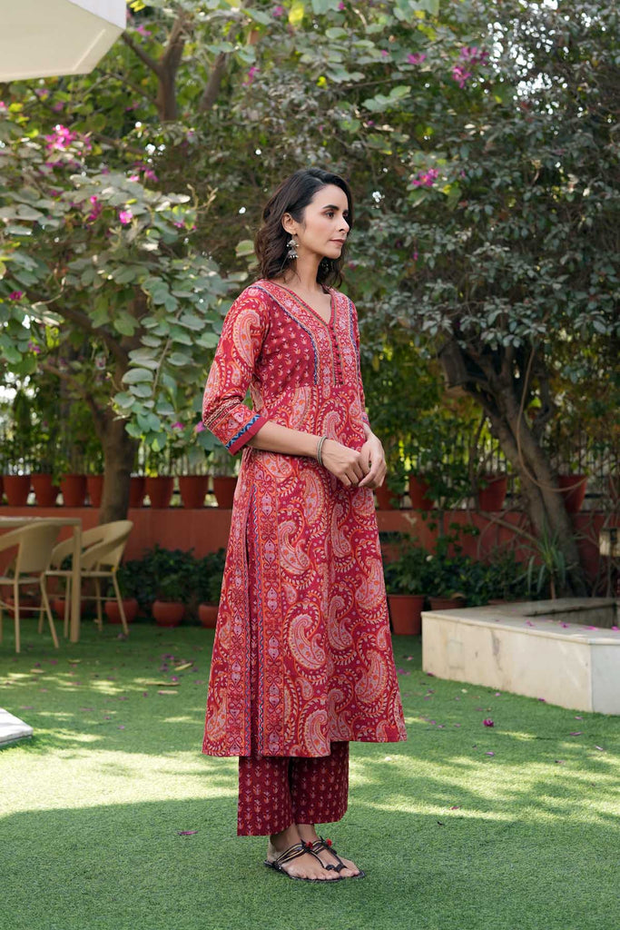 Red Kurta/Pant Set In Hand Block Printed Cotton