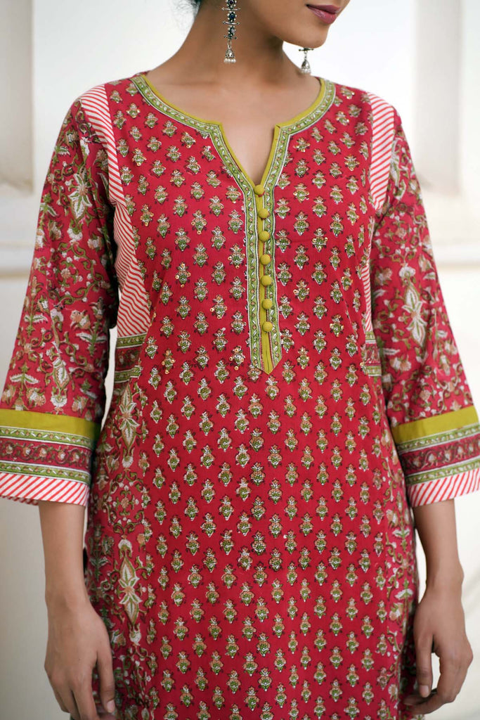 Hand Block Printed Straight Fit Kurta/Pant Set In Red Color