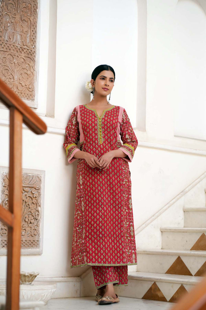 Hand Block Printed Straight Fit Kurta/Pant Set In Red Color
