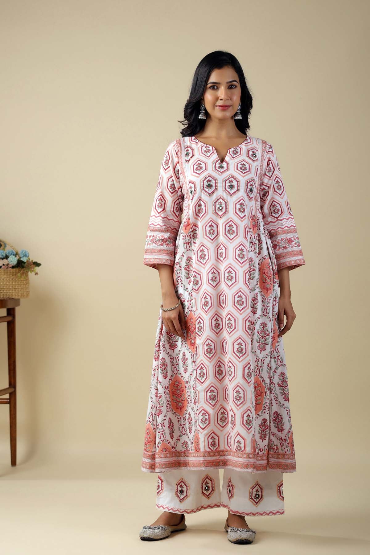 A-Line Kurta/Pant Set In Off-White Hand Block Cotton