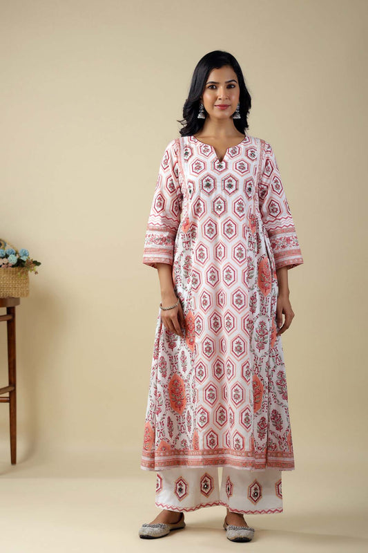 A-Line Kurta In Off-White Hand Block Cotton