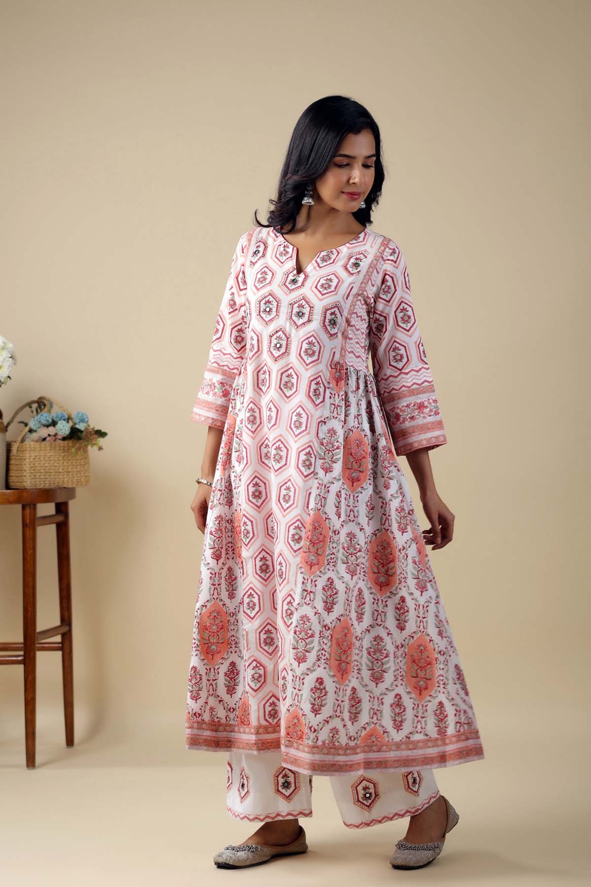 A-Line Kurta/Pant Set In Off-White Hand Block Cotton