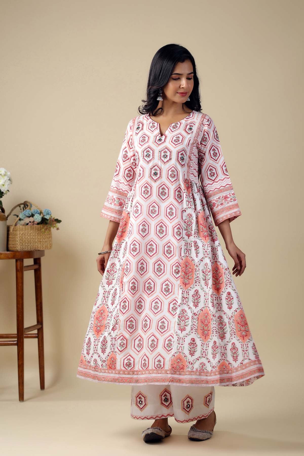 A-Line Kurta/Pant Set In Off-White Hand Block Cotton