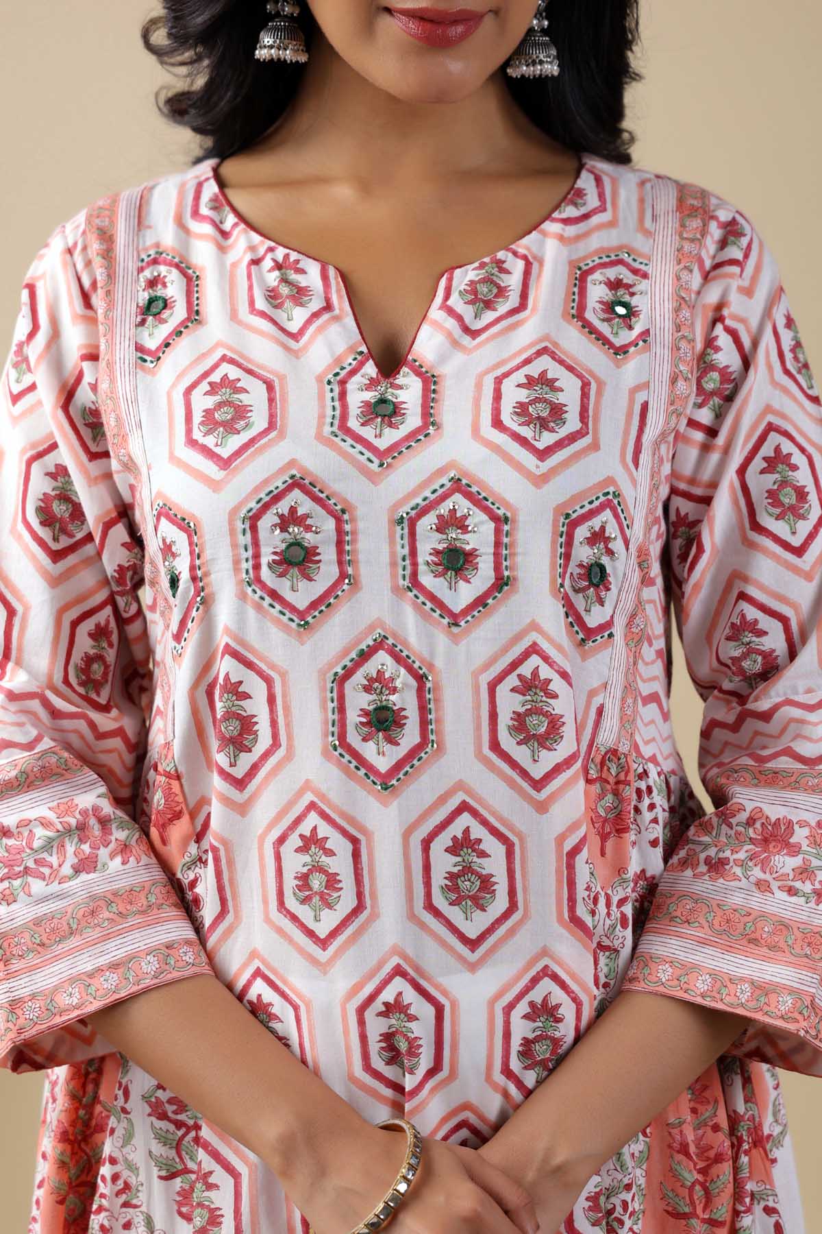 A-Line Kurta/Pant Set In Off-White Hand Block Cotton