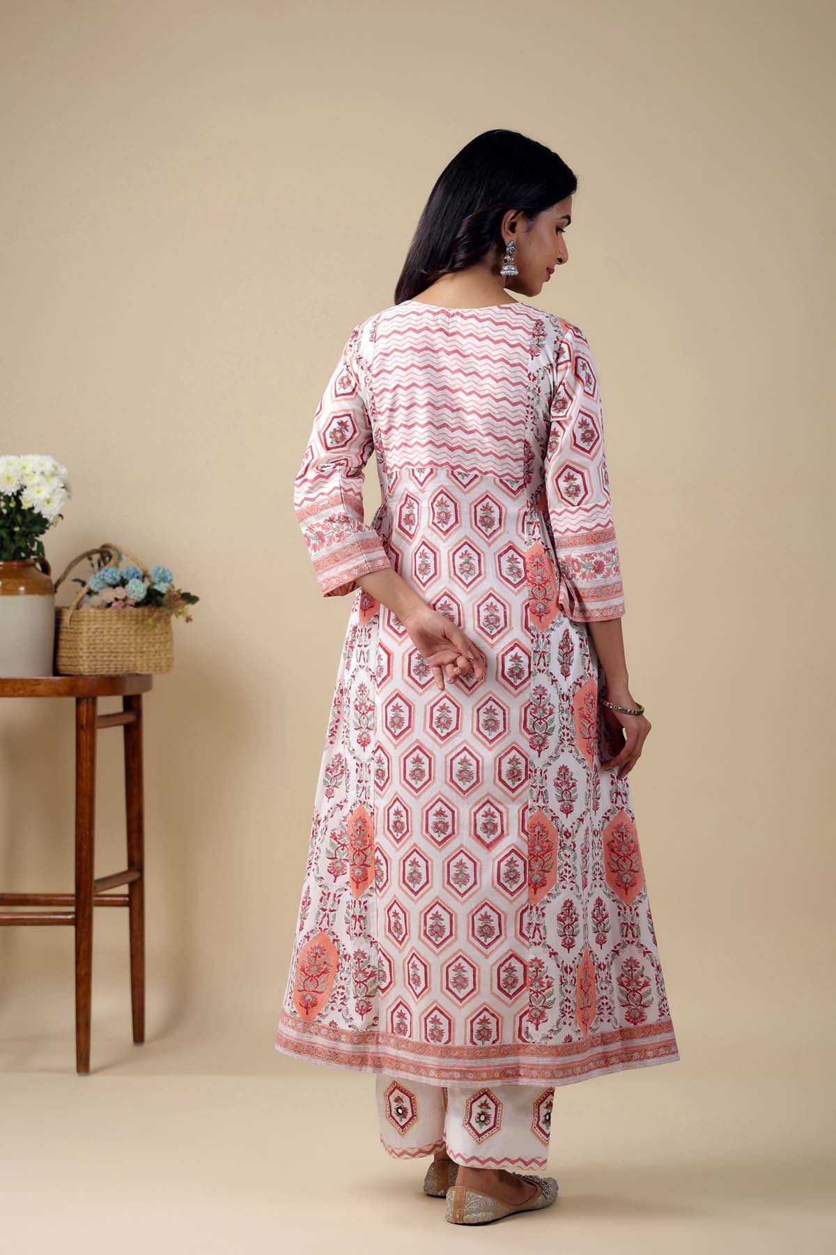 A-Line Kurta/Pant Set In Off-White Hand Block Cotton