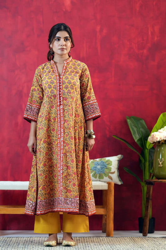 A-Line Kalidaar Kurta/Dupatta Set In Mustard Yellow Hand Block Cotton