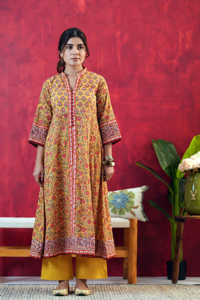 Mustard Yellow A-Line Fit Kalidaar Kurta In Handblock Cotton
