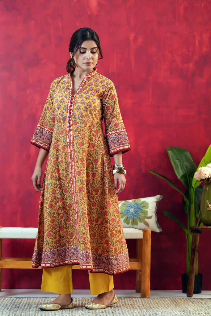 Mustard Yellow A-Line Fit Kalidaar Kurta In Handblock Cotton