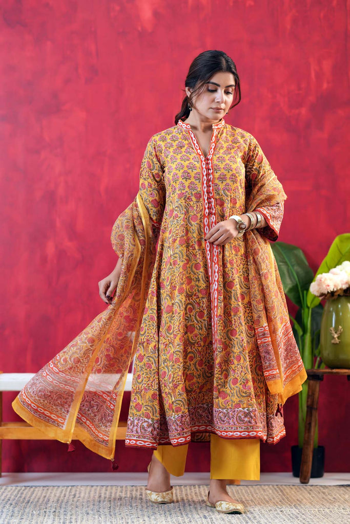 A-Line Kalidaar Kurta/Dupatta Set In Mustard Yellow Hand Block Cotton