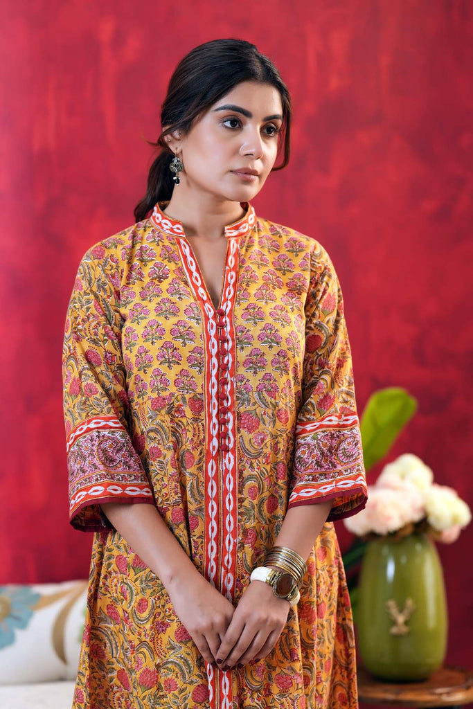 Mustard Yellow A-Line Fit Kalidaar Kurta In Handblock Cotton